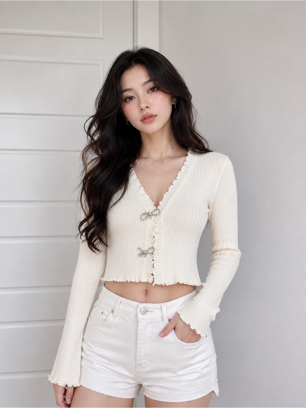 Cream Ribbed Rhinestone Bow Cropped Cardigan